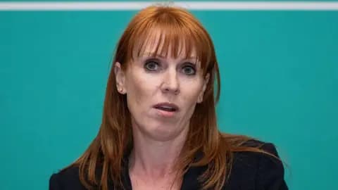 Angela Rayner in a dark suit against a green background